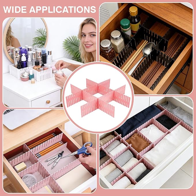 PH PandaHall 40pcs Pink Drawer Dividers Plastic Drawer Organizer 14.5x2.75 inch DIY Adjustable Drawers Separators Storage for Kitchen Bedroom Office Sock Underwear Organizing Cutlery Makeup Clothes