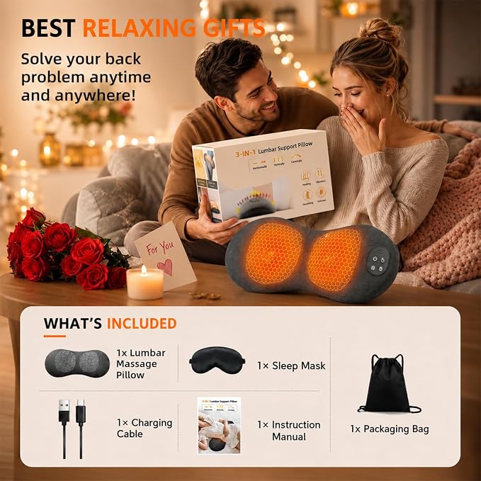 Upgraded 3-in-1 Triple Fusion Back Massager, Cordless Lumbar Support Pillow | with Heat, Massage, Electric Stretch for Pain Relief, Lower Back Massager with 3000mAh Rechargable for Bed Office Chair Car
