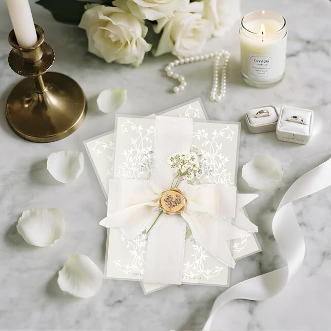 Wedding Invitation Accessories Kit, Pre-Folded Vellum Jackets for 5×7 Invitations with Wax Seal Stickers, Ribbon & Dried Flowers, Elegant Wedding Invitation Accessories for DIY Bridal Invites (White Vines, 50)