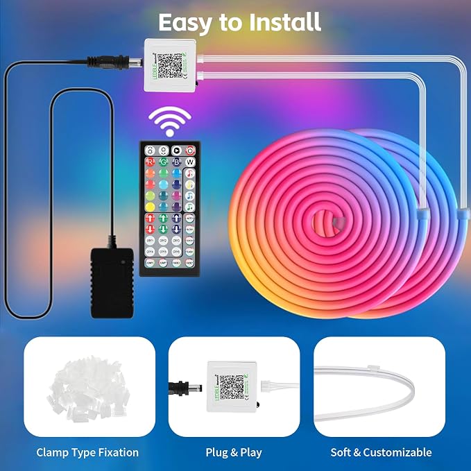 50FT RGB LED Neon Rope Lights, App & Remote Control, Flexible Waterproof IP65 Led Strip Lights, Music Sync Color Changing Multiple Modes Neon Lights for Bedroom Gaming Room Indoor & Outdoor Decor