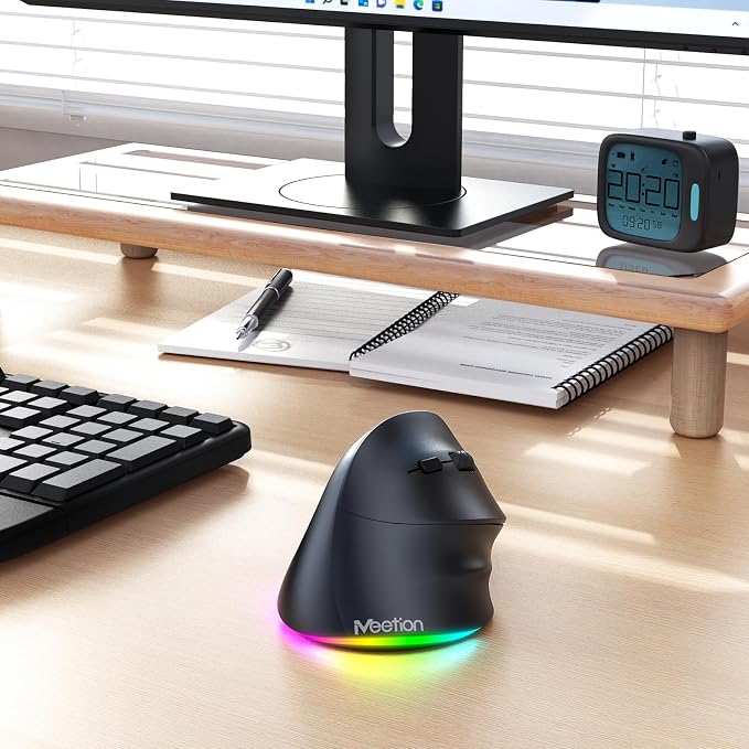 MEETION Ergonomic Mouse, Wireless Vertical Mouse RGB Backlit Rechargeable Mice for Bluetooth(5.2 + 3.0) & USB, 4 Adjustable DPI for Mac/Windows/Andriod/PC/Tablet/iPad, Black