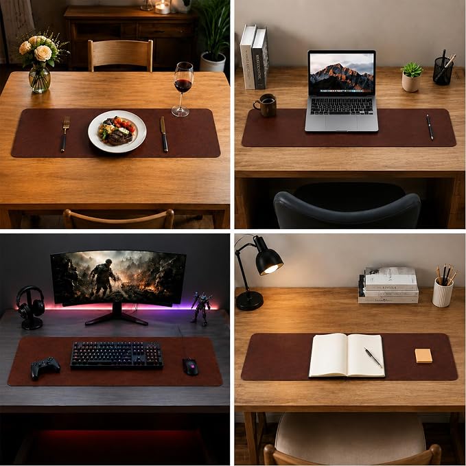 Leather Desk Mat & Mouse Pad - Desk Blotter Large 31.5X 15.8in | Desk Pad Protector for Office Desk, Non-Slip Waterproof PU Leather Desk Blotter & Writing Pad, Red Brown