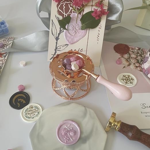 Metal Wax Seal Warmer Kit with Spoon and Stirring Stick, for Wedding Wax Envelope Seal Stamp (Small Waist Rose Gold Stove)