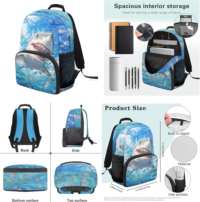 Ystardream 4 Pcs Boys Backpack with Lunch Box Elementary School Cartoon Shark Backpack with Comfortable Adjustable Straps School Bag with Pencil Box & Water Bottle Sleeve for Boys&Girls Student