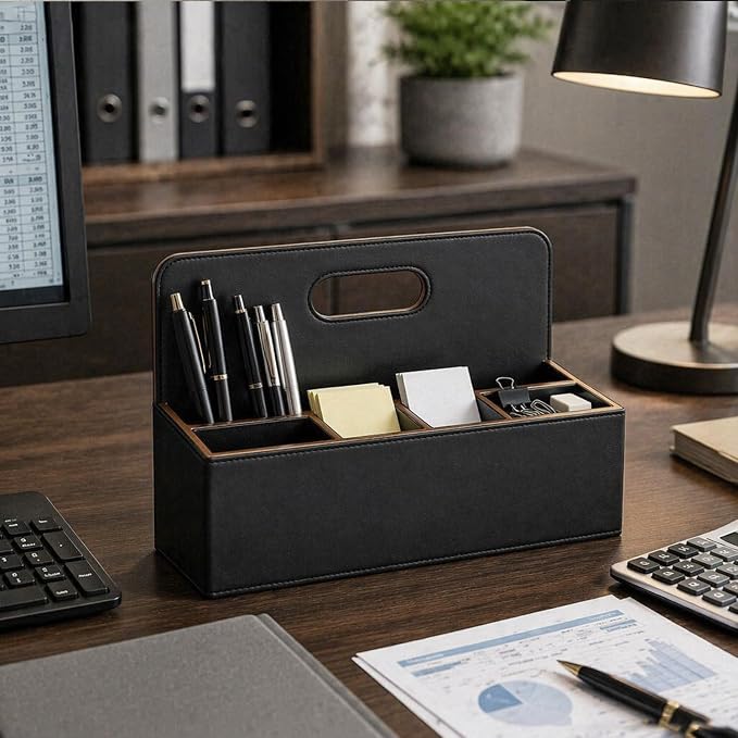 Mail Organizer Countertop, Pencil Holder, Office Supplies File Bill Sorter | PU Leather Modern 5-Slot Workspace Storage box,Remote Caddy for Stationery,Glasses,Letter,Pen,Desk Accessories, Home Decor
