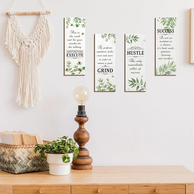 Honoson 4 Pcs Inspirational Office Wall Decor Motivational Rustic Wall Art Inspirational Hanging Wooden Plaques Sayings Motivational Quote Signs for Office Bedroom Living Room