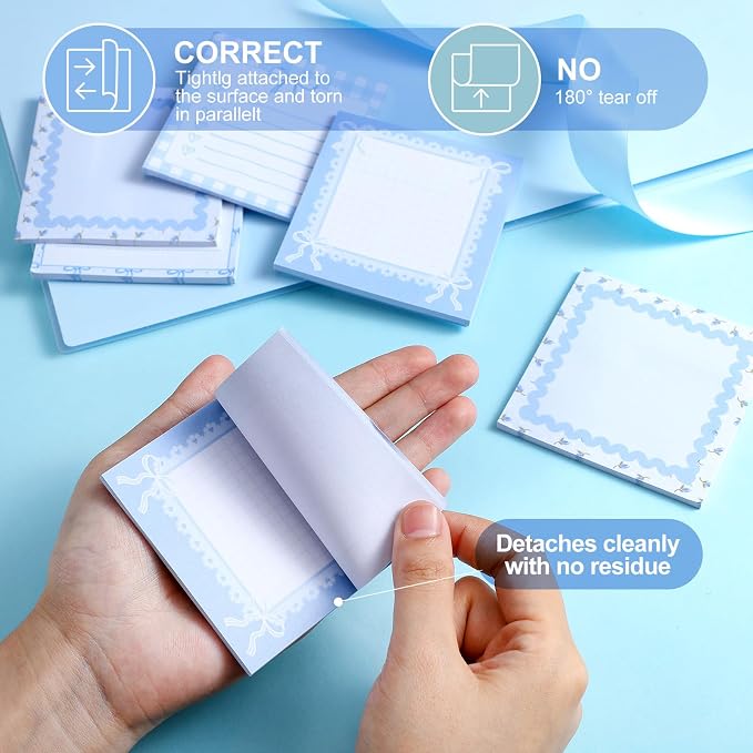 Thenshop 24 Pad/720 Sheets Coquette Bow Sticky Notes 3 x 3 Inch Cute Bow Sticky Note Pads Coquette Stuff Ribbon Notebook Memo Pads School Supplies for Women Party Favors(Blue)