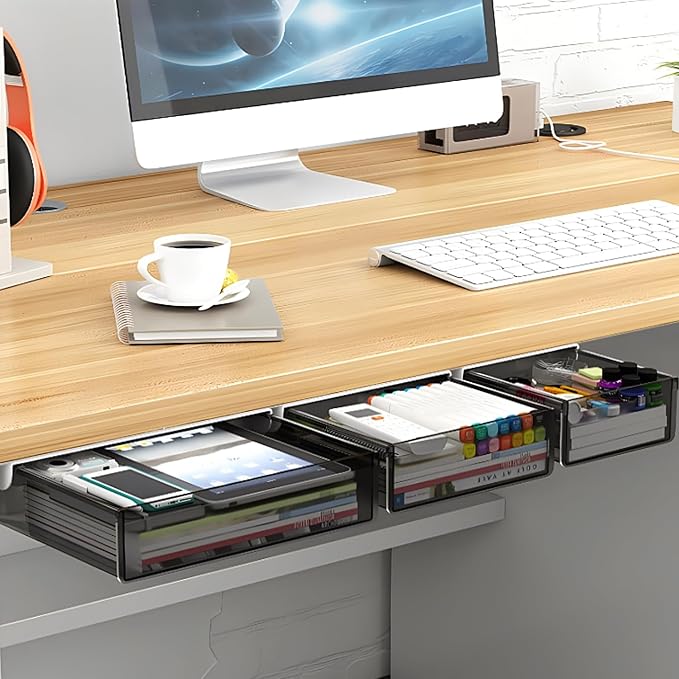 SVNNELP Under Desk Table Drawer Storage Organizer,3 Pack Large & Medium & Small Slide Out Desk Drawers - Hidden Desktop Organizer,Attachable Pencil Storage Tray Under Table(SML)