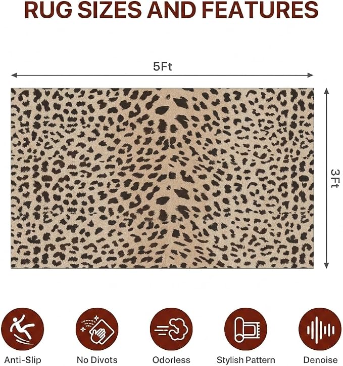 36"x60" Office Chair Mat for Hardwood Tile Floor, Under Desk Carpet Protector for Rolling Computer Chair Mat, Machine Washable Area Rug, Anti-Slip 1/5" Thick Low Pile Thin Vinyl Floor Mat, Leopard