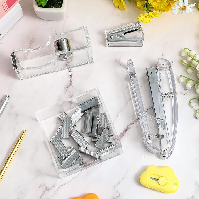 6 Pieces Clear Office Desk Accessories for Student Back to School Office Supplies Include Acrylic Tape Dispenser, Notepad Holder, Stapler, Pen Holder, Staple Remover for Student Teacher