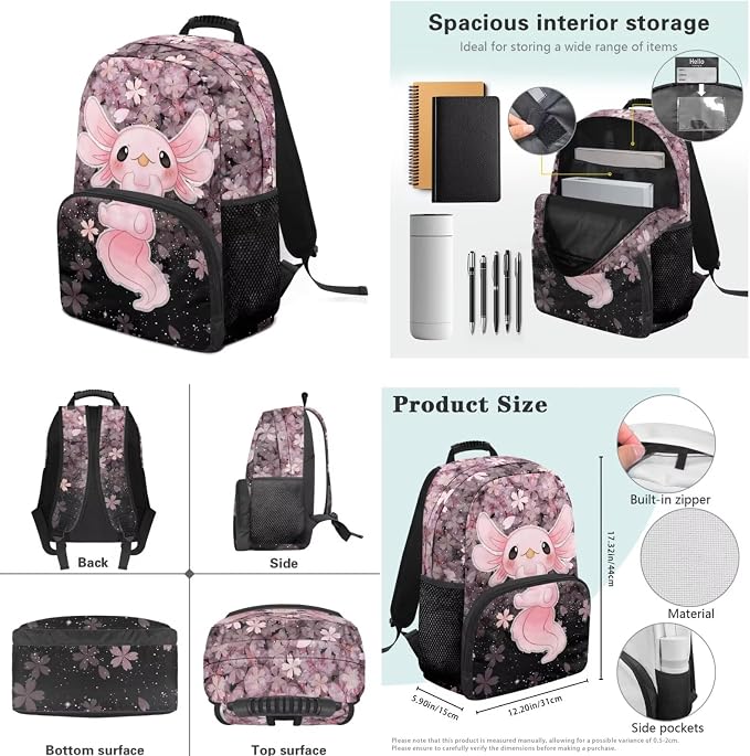 Ystardream Cherry Blossom Axolotl Backpack With Lunch Box for Girls Large Elementary Bookbag 17 Inch Laptop School Backpack Sturdy Rucksack with Pencil Case&Water Bottle Sleeve for Teenager Student