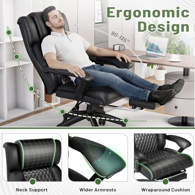 HOMREST 500lbs Big and Tall Office Chair, Ergonomic Heavy Duty Chair with Adjustable Lumbar Support & Backrest, Executive Leather Office Chair with Wide Armrests and Wheels (Black)