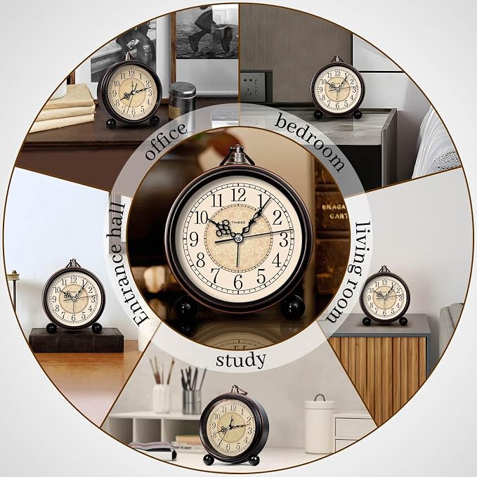 TIMESS Vintage Analog Alarm Clock, 4.3" Silent Non-Ticking Quartz Desk Clock, Battery Operated Table Clock for Bedroom, Living Room, Office, or Gift