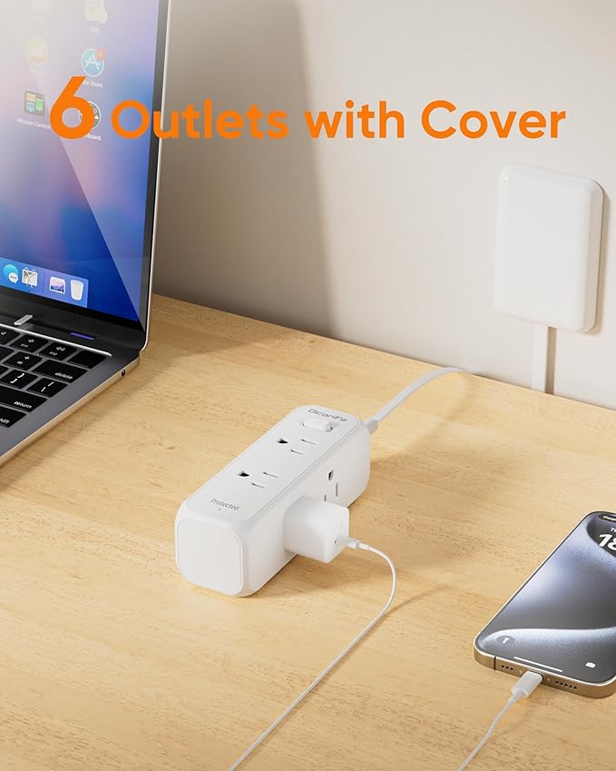 Olcorife Flat Extension Cord with Outlet Cover, Flat Plug Power Strip with 6 Outlets, 3 FT Cord Hidden Outlet Extender for Tight Spaces, Pack of 2
