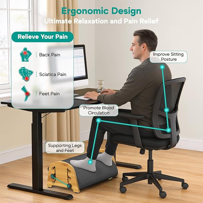 Ergonomic Foot Rest Under Desk at Work, Bamboo Wood Adjustable Foot Stool Under Desk with 6 Positions, Office Footrests with Memory Foam, Leg Rest Used for Car, Home, PC Gaming Accessories