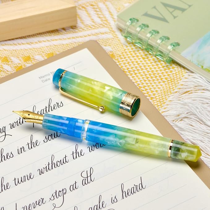 Asvine P20 Piston Fountain Pen Gradual Yellow Resin, Iridium Extra Fine Nib Gold Trim Smooth Writer Collection with Case Set