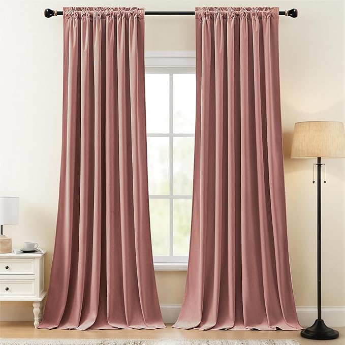 Velvet Curtains 108 Inches Long for Girls Room, Luxury Room Darkening Thermal Insulated Pink Velvet Curtain Privacy Cute Drapes for Living Room, Back Tab Rod Pocket, Dusty Rose, W52 x L108, 2 Panels