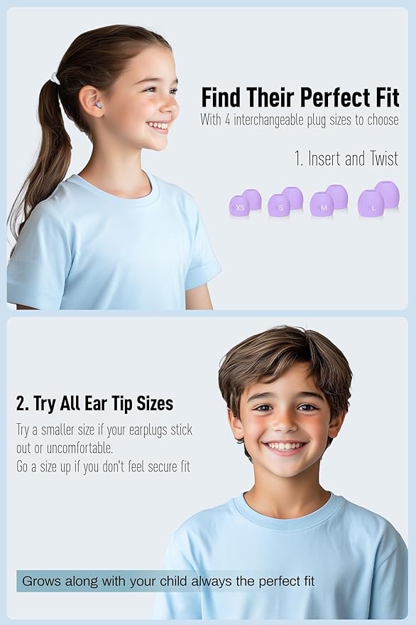 Kids Ear Plugs (6-12 yrs) - Reusable Noise Relief Earplugs for Focus, Travel, Concerts, Socializing, Sports Events, Noise Sensitivity - 8 Ear Tips in XS/S/M/L,PLGN