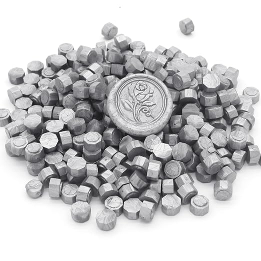 250pcs Wax Seal Beads Silver, Andotopee Premium Sealing Wax Beads for Stamp Seals, Octagon Metallic Seal Stamp Pellets Refill Pack for Wedding Invitation, Letter Envelope, Scrapbook DIY Crafts