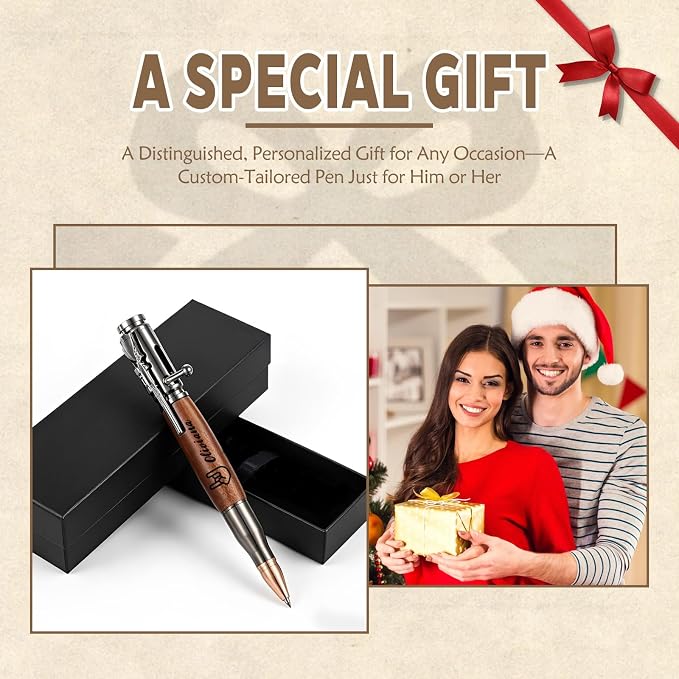 Custom Bolt Action Pen Gift Set with Engraving Personalized Metal Pen Gifts for Men Husband Father Boyfriend Grandfather Brothers Graduate (Wooden Pen)