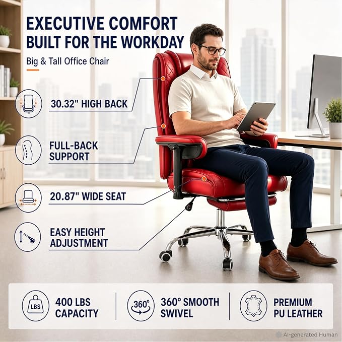 Big and Tall Office Chair,Heavy Duty Wide Executive Office Chair (Red) | Breathable Leather,Double-layered Backrest,Seat Cushion Designed of Deluxe Embroidery Leather,Foot Rest, Adjustable Armrests