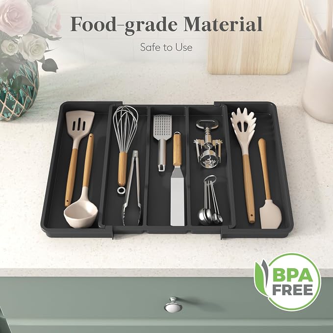 Lifewit Utensil Organizer, Adjustable Kitchen Drawer Organizer, Expandable Cooking Utensil and Cutlery Tray, Plastic Divider Holder Black 11.4-19.8" x 14.5"