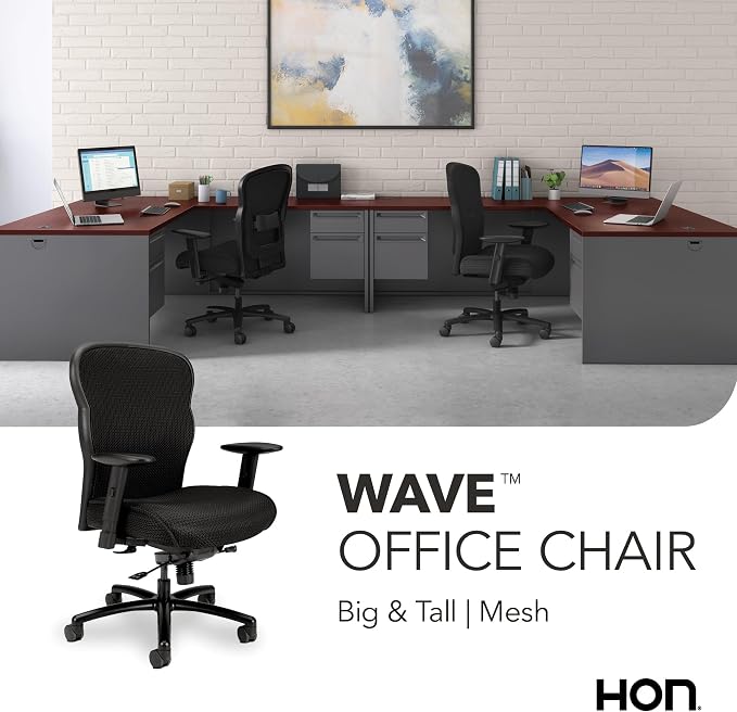 HON Wave Big and Tall Ergonomic Office Chair, Heavy Duty Desk Chair, Black | Big and tall ergonomic office desk chair for desk work, lumbar support, adjustable arms, mesh comfort, 450 lb capacity