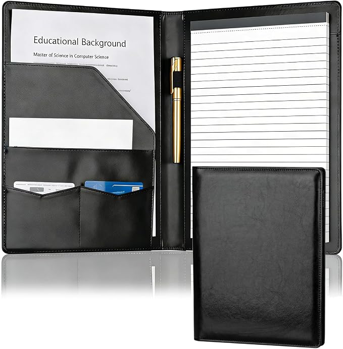 Padfolio Portfolio Binder, Faux Leather Folder, Resume Interview Legal Document Organizer, Letter Sized Writing Pad w/Business Card Holder, A4 Professional Folio for Office Conference (Black)