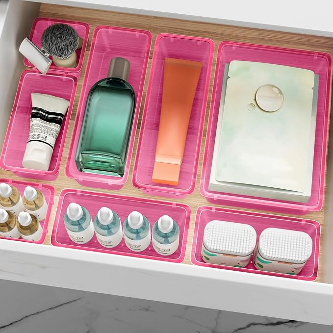 ElegantArray 12 PCS Drawer Organizer Set, 4 Sizes Tool Storage Trays, Clear Plastic Makeup Vanity Organizer and Storage Bins for Stationeries, Multiple Gadgets for Office, Bedroom, Pink
