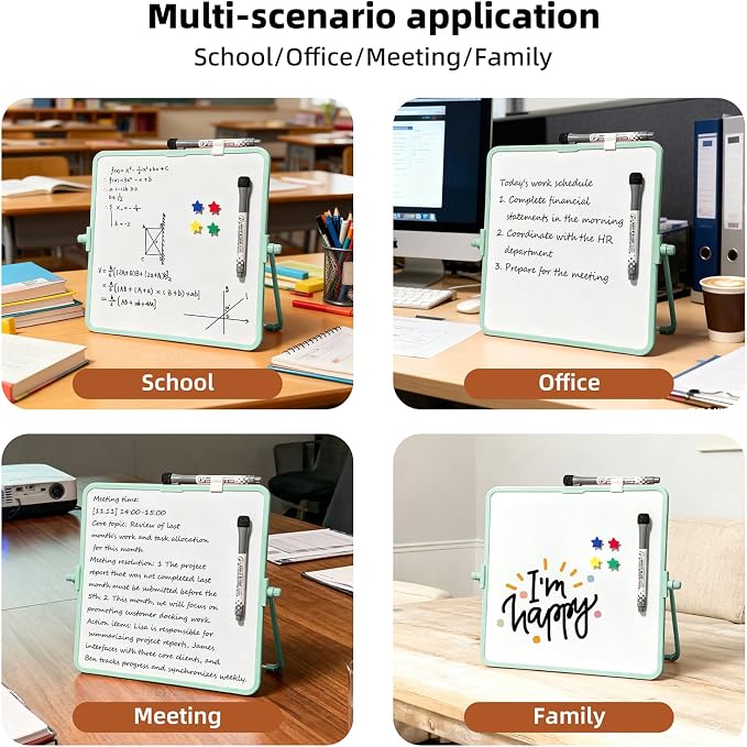 Colorful Dry Erase White Board 11x11in, Magnetic Desktop Board with Stand, 2 Markers (Eraser Head), 4 Magnets - Double-Sided Easel for Daily Planning, Office/Home/School (Green)