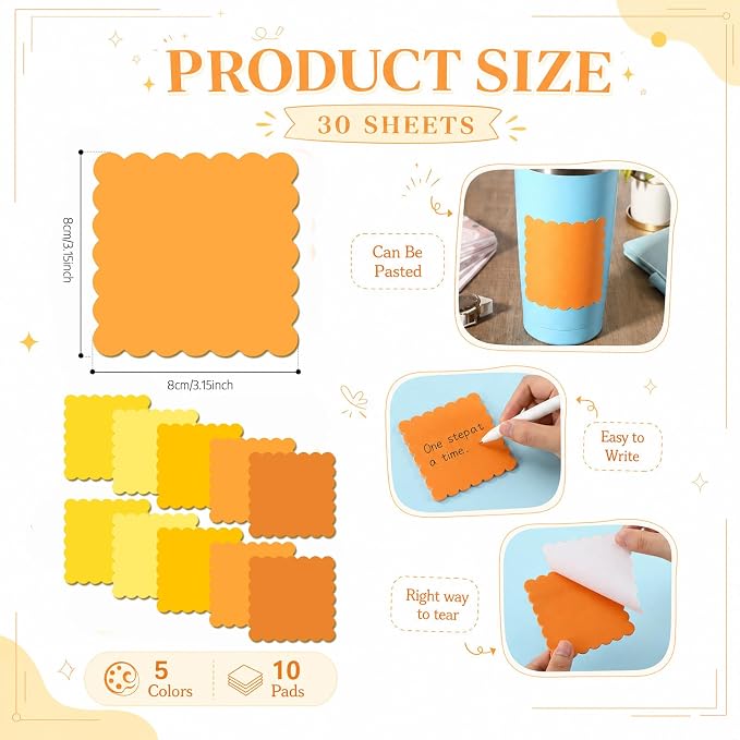 Epakh 10 Pack Scalloped Sticky Notes Bulk 3"x3" Cute Aesthetic Memo Pads 5 Gradient Colors Wavy Self Notepads for Office Study and Daily Life Organization, 300 Sheets(Yellow)