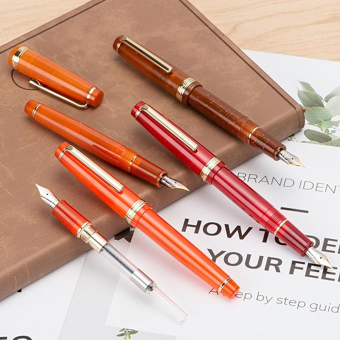 Jinhao 82 Acrylic Fountain Pen, Iridium Bent Nib with Ink Converter, Transparent Coffee Fluorescent Classic Design Calligraphy Pen (Gold Trim)