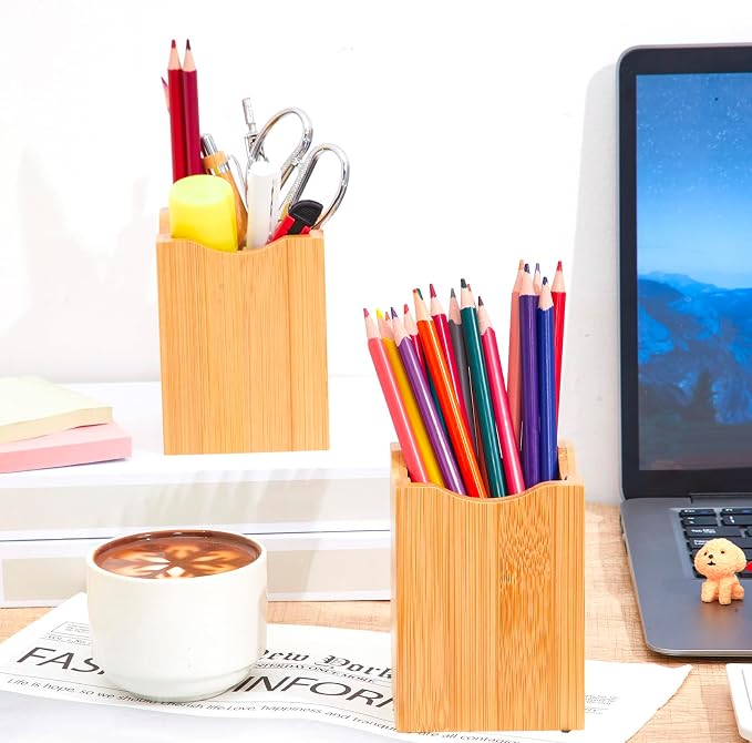 2 Pcs Bamboo Wood Pen Pencil Holder Square Pencil Cup Stand Makeup Organizer for Pen Holder Desk Home Office Adults(Bamboo Wood, Wavy)