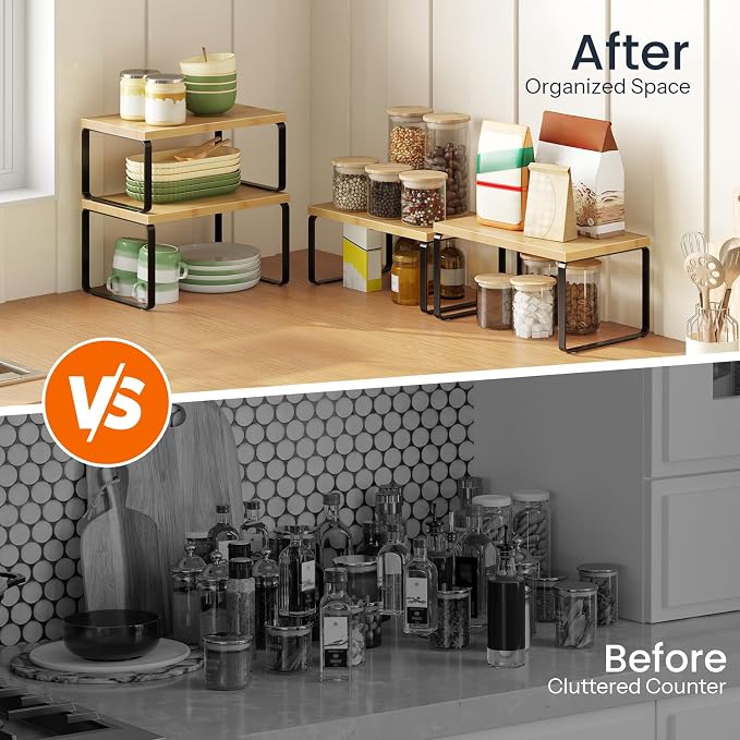 HOOBRO Cabinet Organizer Shelf, Set of 2 Kitchen Counter Shelves, Expandable Kitchen Storage, Stackable Bamboo Spice Rack, for Kitchen, Countertop, Office Desk, Bathroom, Natural and Black YB30TL01