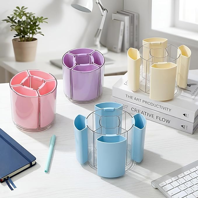 Comix 360° Rotating Pen Holder for Desk, Pink Pencil Holder with 5 Slots | Expandable Capacity, Acrylic Pen Organizer Easy to Clean, Cute Pencil Cup for Home School Office Art Supplies
