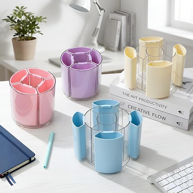 Comix 360° Rotating Pen Holder for Desk, Blue Pencil Holder with 5 Slots | Expandable Capacity, Acrylic Pen Organizer Easy to Clean, Cute Pencil Cup for Home School Office Art Supplies