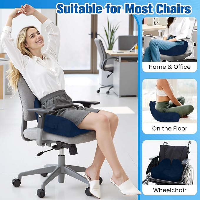 Seat Cushion, Chair Cushions, Memory Foam Office Chair Cushion | Hip & Sciatica & Tailbone Pain Relief, Long Sitting Comfort for Office Chairs/Desk Seats/Wheelchair (X-Large, Blue)