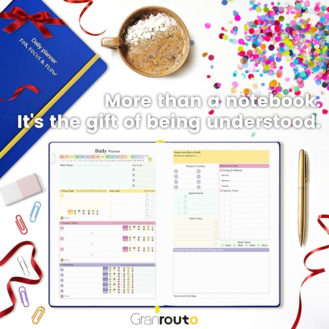 ADHD Planner for Adults – Undated Daily Executive Function Planner with Energy Task Management & Focus Tools, GRANROUTO B5 Hardcover Productivity Journal, Time Blindness & Neurodivergent Organizer