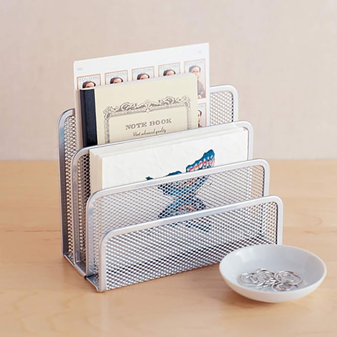 VANRA Small Letter Sorter Desktop Envelopes Holder Organizer Metal Mesh with 3 Vertical Upright Compartments (Silver)