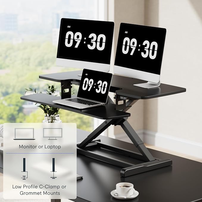 FLEXISPOT 40" Electric Standing Desk Converter, Motorized Sit to Stand Desk Riser, Height Adjustable Desktop Dual Monitor Workstation with Large Keyboard Tray, Black