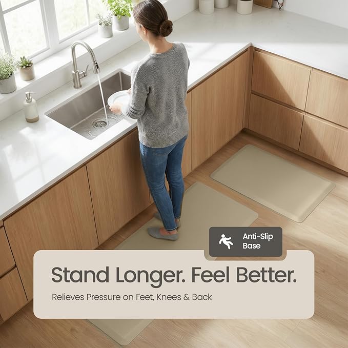 Anti Fatigue Kitchen Mats for Floor | Padded Kitchen Rugs | Non Slip, Cushioned Standing Desk Mat | Waterproof Floor Mat | 17.3" x 28" x 0.47" & 17.3" x 47.2" x 0.47", Beige, 2-Pack | More Décor