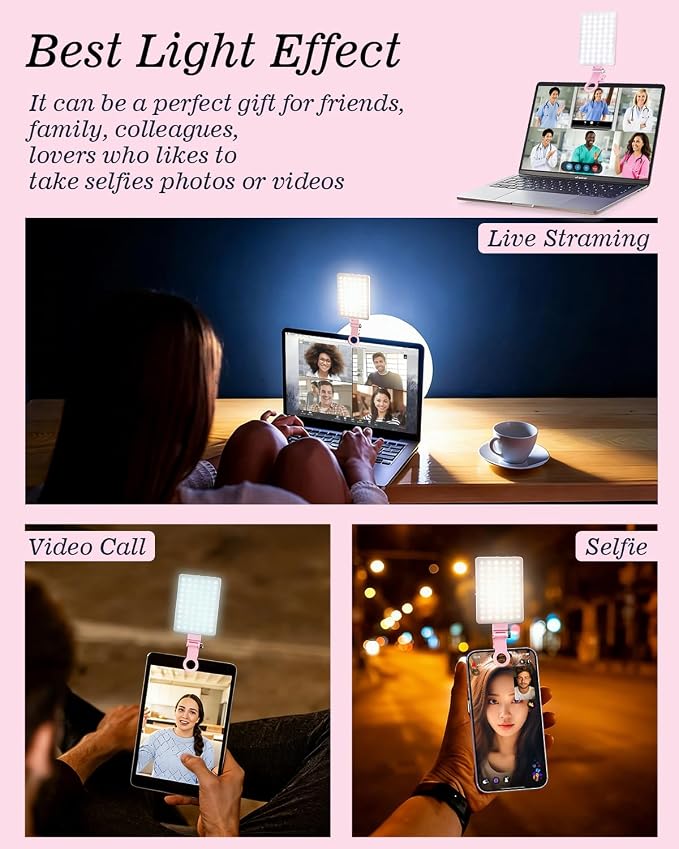 60 LED Portable Selfie Light Video Conference Lighting with Clip & Camera Tripod Adapter Rechargeable 2000mAh CRI 97+, 3 Light Modes for Phone iPhone Webcam Laptop Photo Makeup (Pastel Pink)