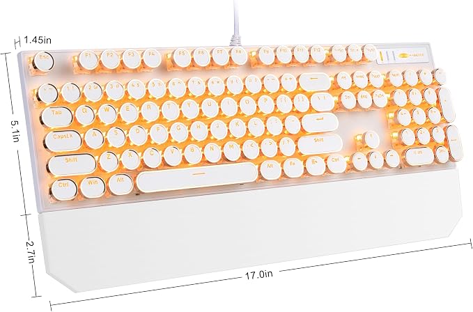 Camiysn Typewriter Style Mechanical Keyboard, Retro Punk Gaming Keyboard with Gold LED Backlit, Cute Wired Keyboards,104 Keys Full Size Keyboards, Uique Round Keycaps for Windows/Mac/PC(White&Gold)