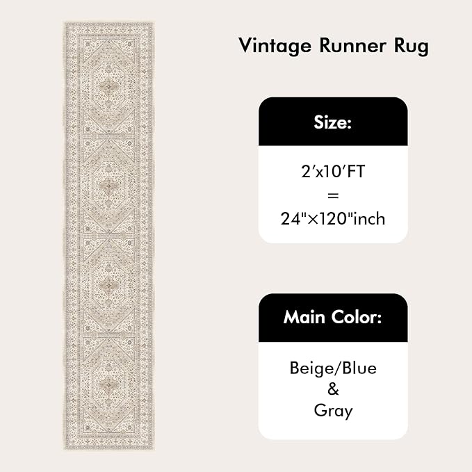 2x10 Runner Rug for Hallway Washable: Non Slip Kitchen Rugs with Rubber Backing Soft Waterproof Wide Mats Stain Resistant Low Pile Carpet for Entryway Bedroom Bathroom Laundry Home Decor Beige/Gray