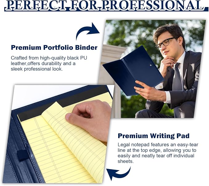 SHIQIKEJIPTY 3Pack Legal Size Portfolio Padfolio PU Leather with 8.5 x 14 inch Tearable Legal Pad Holder 150 Sheets Leather Portfolio Folder Binder for Interview Attorneys Business Blue