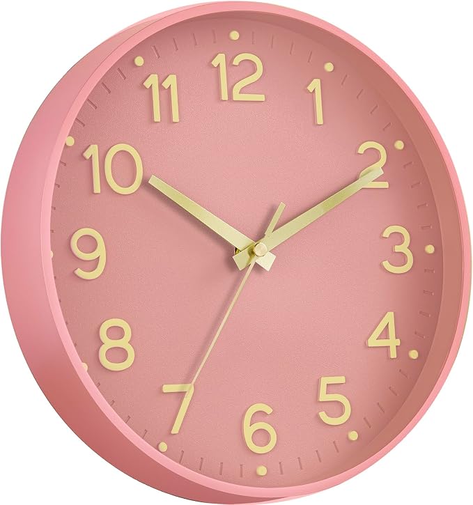 Roymnie 14 Inch Wall Clock Battery Operated Silent Non Ticking Analog | Pink Gold modern analog; large 3D easy-read dial for kitchen, office, bathroom & bedroom; 1 AA battery (not included)