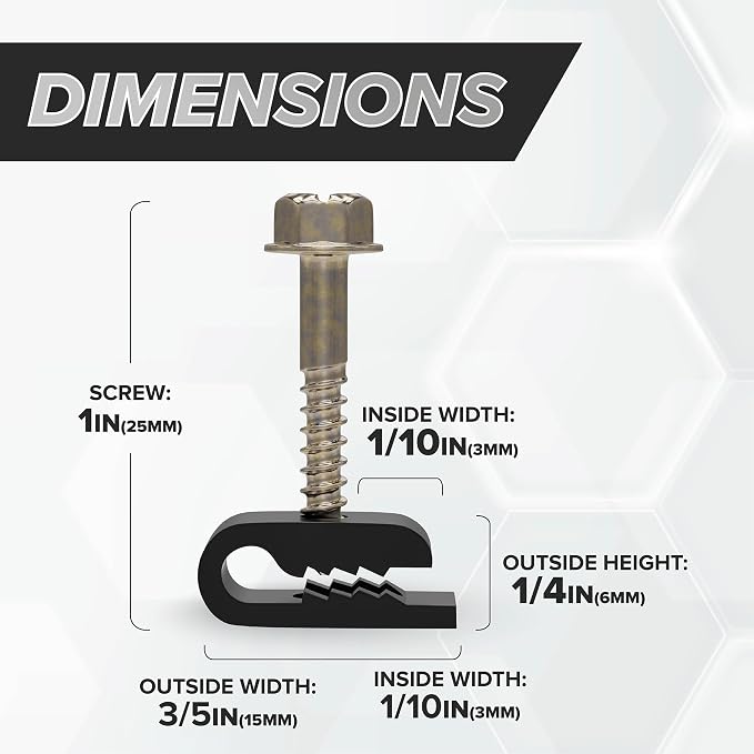 THE CIMPLE CO Mini Screw-in Cable Clips and Fasteners - Indoor/Outdoor Single Screw Clips - 3mm Wire Clamps for Fiber Optic Cables and Thermostat, Ground Wires - 3 mm (1/10 Inch), Black, 100 PCS