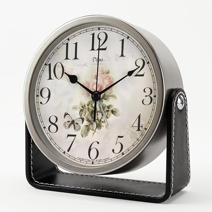 Analog Alarm Clock - 4.5" Silent Non Ticking Small Clock with Light, Rotatable Stand Metal Desk Clock Battery Operated, Simple Design for Living Room Decor/ Bedroom/Bedside/Shelf (Silver & Rose)