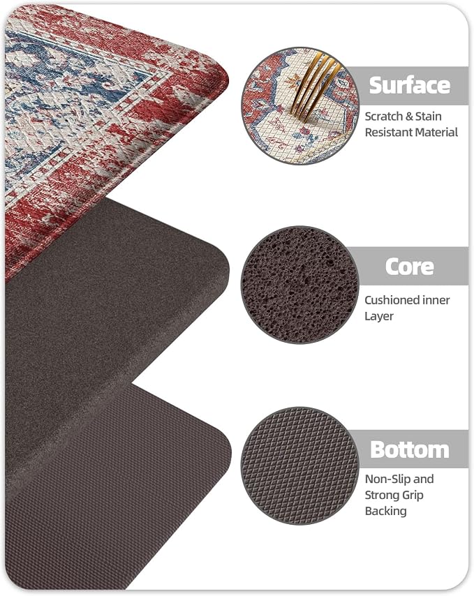 Color&Geometry Kitchen Mat for Floor 24x87 Faded Vintage Anti Fatigue, Red | 0.4in Cushion Standing Mat For Cooking/Working/Laundry, Boho Decor, Non Slip PVC Kitchen Rug, Oil/Water Proof, Anti Slip