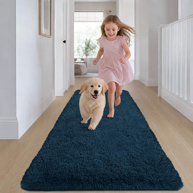 Zentavio Bedside Rugs for Boys Room 2x6 Runner Rugs for Hallway Bedroom Non Slip Fluffy Soft Shaggy Carpet for Kids Home Decor Aesthetic Dorm Nursery Navy Blue